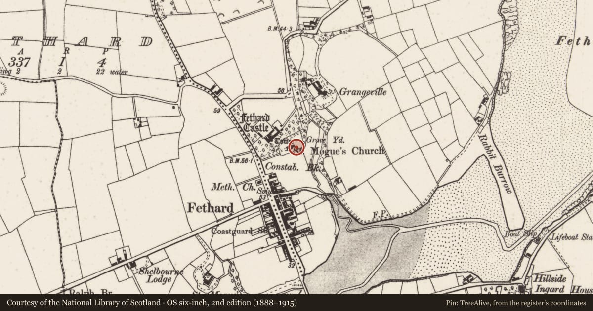 Ordnance Survey six-inch map, 2nd edition (1888–1915) covering the location of Architectural fragment, Grange, County Wexford, with a pin at the register's coordinates
