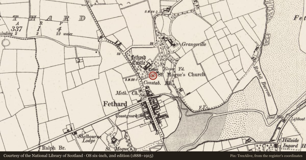 Ordnance Survey six-inch map, 2nd edition (1888–1915) covering the location of Graveslab, Grange, County Wexford, with a pin at the register's coordinates