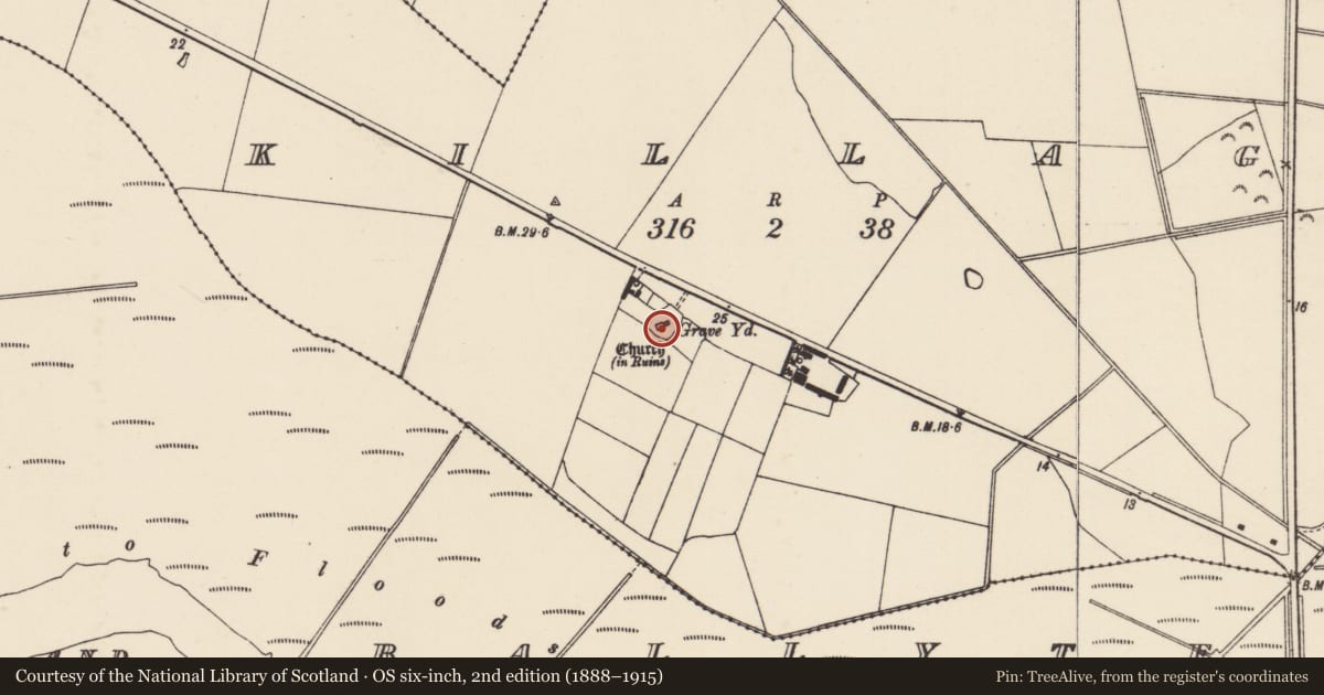 Ordnance Survey six-inch map, 2nd edition (1888–1915) covering the location of Church, Killag, County Wexford, with a pin at the register's coordinates