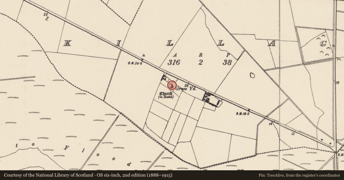Ordnance Survey six-inch map, 2nd edition (1888–1915) covering the location of Graveyard, Killag, County Wexford, with a pin at the register's coordinates