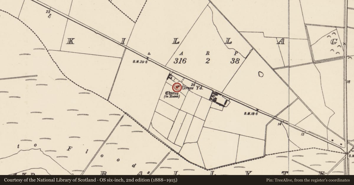 Ordnance Survey six-inch map, 2nd edition (1888–1915) covering the location of Wall monument, Killag, County Wexford, with a pin at the register's coordinates