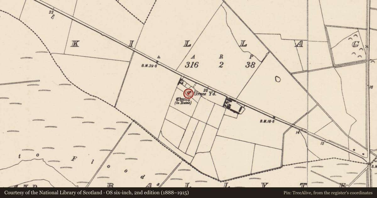 Ordnance Survey six-inch map, 2nd edition (1888–1915) covering the location of Burial Vault, Killag, County Wexford, with a pin at the register's coordinates