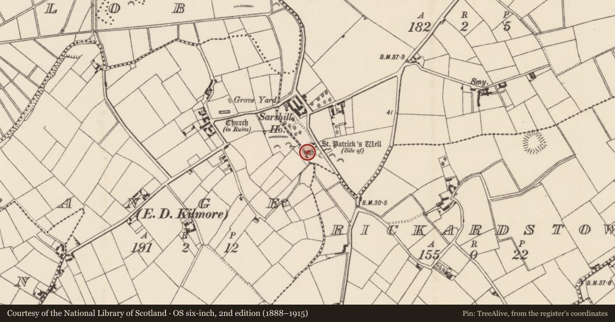 Ordnance Survey six-inch map, 2nd edition (1888–1915) covering the location of Ritual site - holy well, Sarshill, County Wexford, with a pin at the register's coordinates