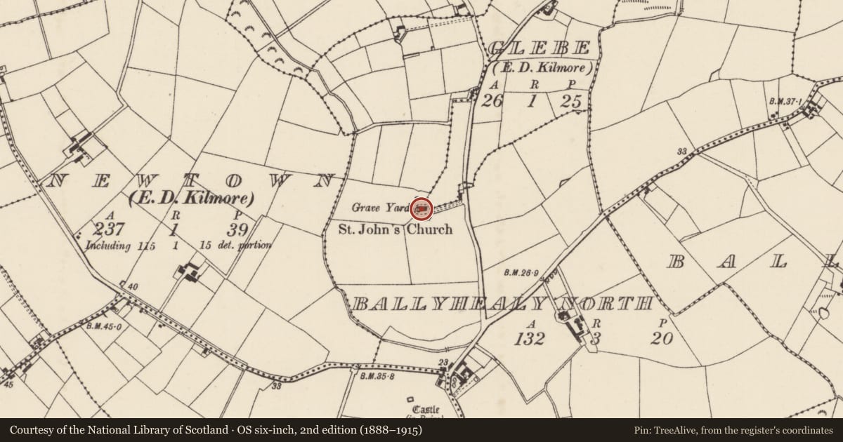 Ordnance Survey six-inch map, 2nd edition (1888–1915) covering the location of Church, Glebe, County Wexford, with a pin at the register's coordinates