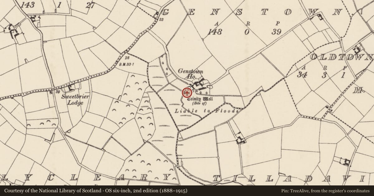 Ordnance Survey six-inch map, 2nd edition (1888–1915) covering the location of Ritual site - holy well, Genstown, County Wexford, with a pin at the register's coordinates