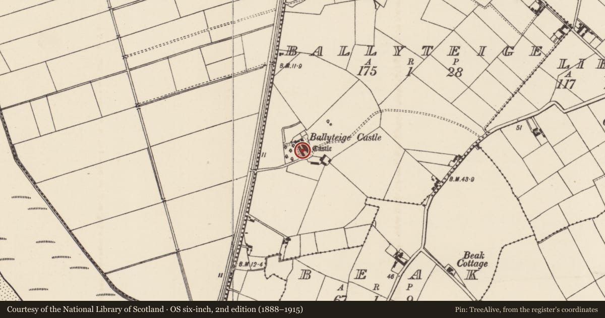 Ordnance Survey six-inch map, 2nd edition (1888–1915) covering the location of Gateway, Ballyteige, County Wexford, with a pin at the register's coordinates