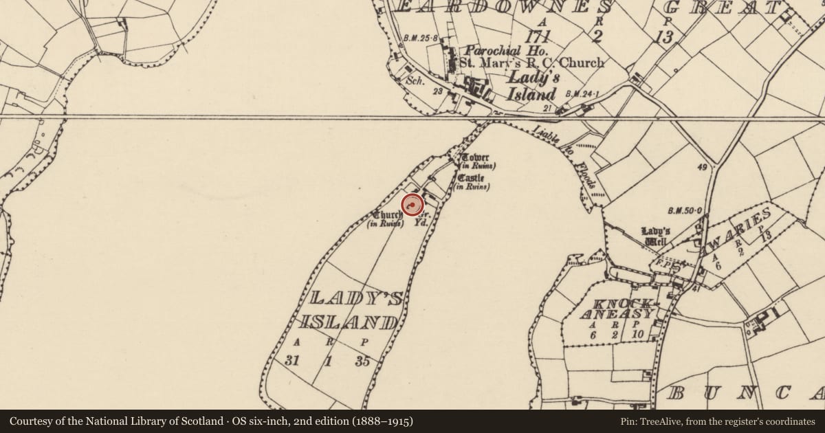 Ordnance Survey six-inch map, 2nd edition (1888–1915) covering the location of Church, Lady'S Island, County Wexford, with a pin at the register's coordinates