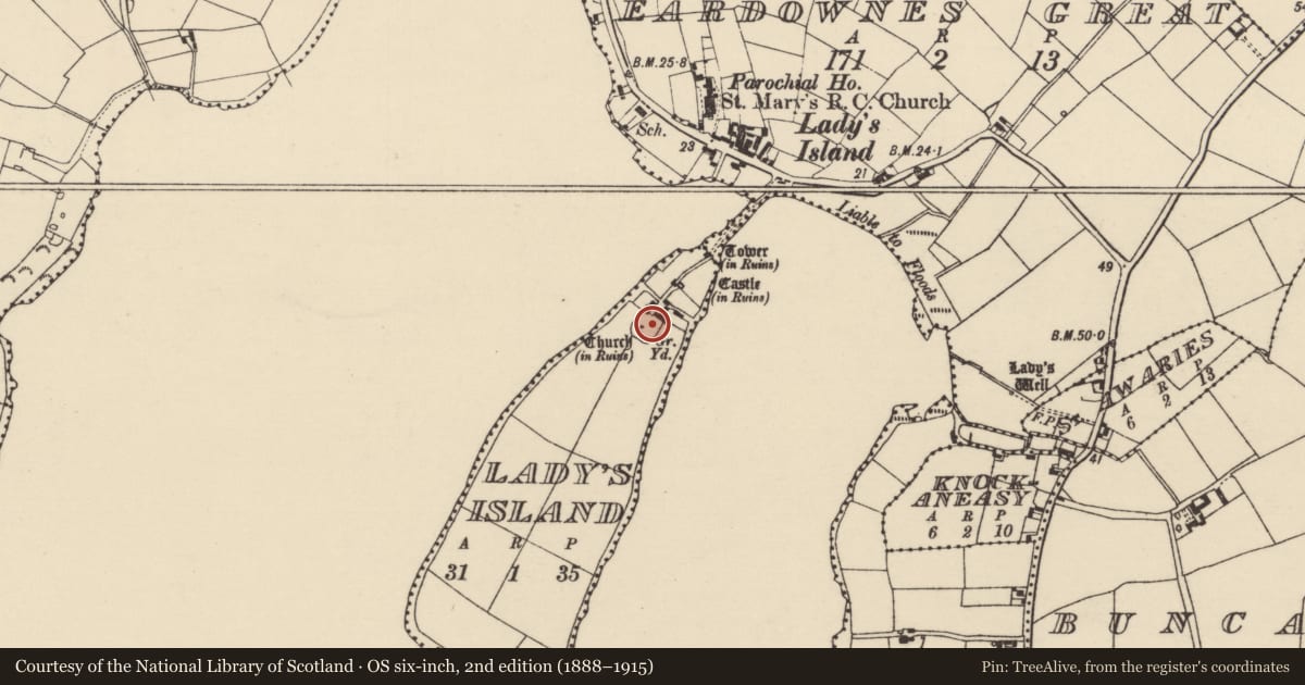 Ordnance Survey six-inch map, 2nd edition (1888–1915) covering the location of Graveyard, Lady'S Island, County Wexford, with a pin at the register's coordinates