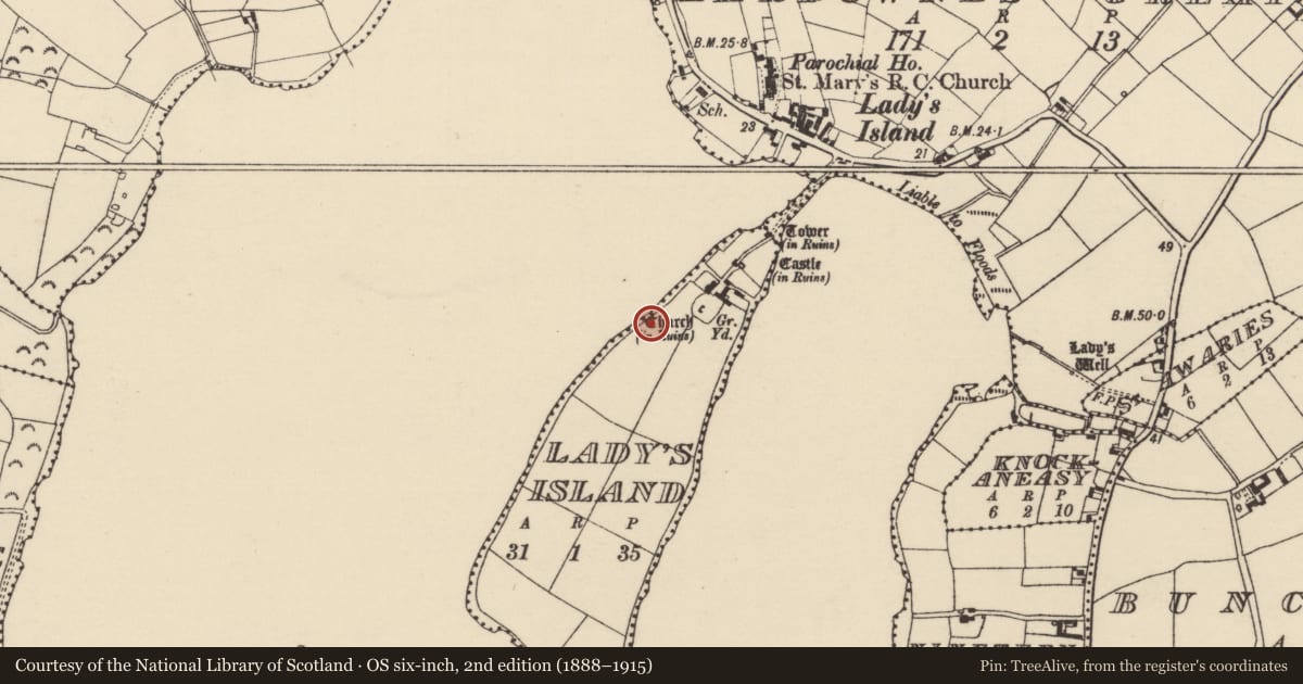 Ordnance Survey six-inch map, 2nd edition (1888–1915) covering the location of Ritual site - holy well, Lady'S Island, County Wexford, with a pin at the register's coordinates