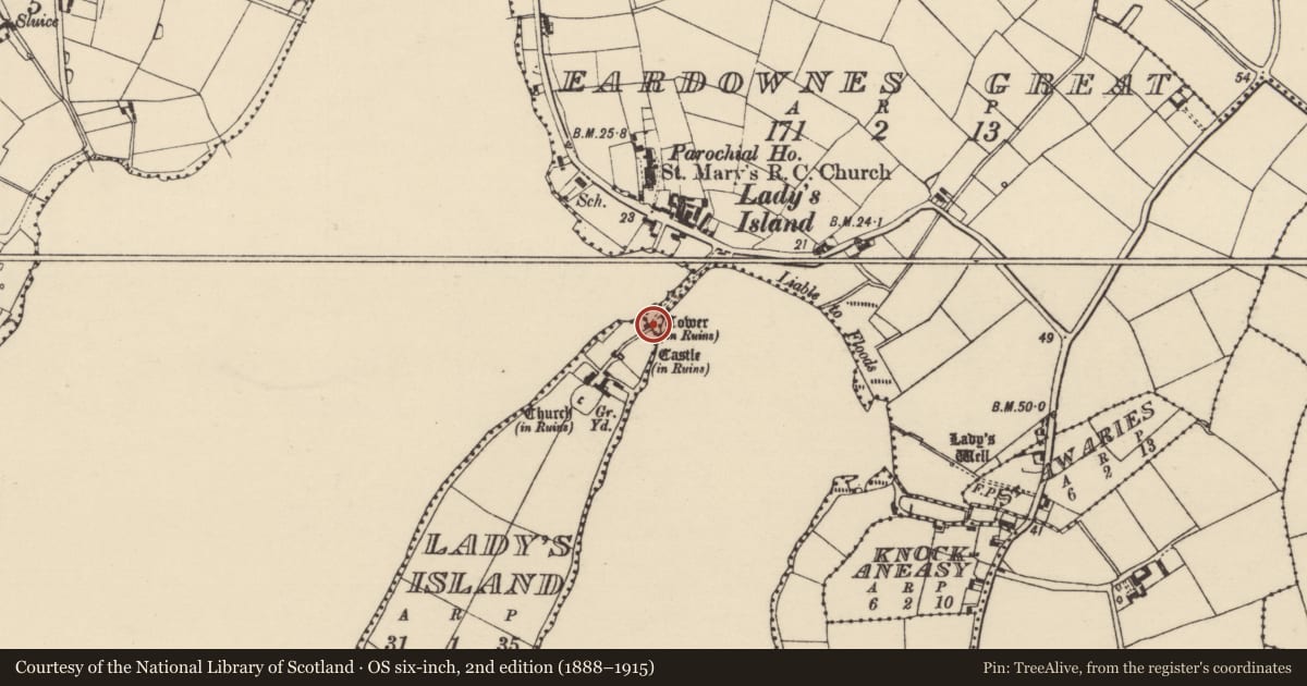 Ordnance Survey six-inch map, 2nd edition (1888–1915) covering the location of Bawn, Lady'S Island, County Wexford, with a pin at the register's coordinates