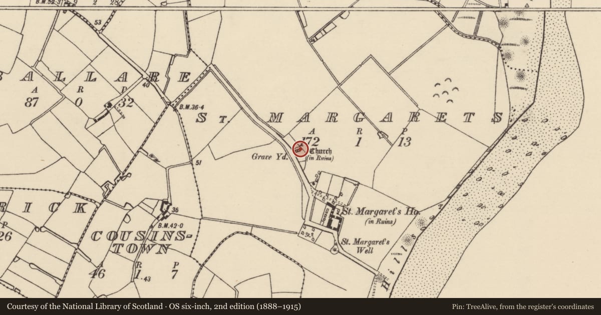 Ordnance Survey six-inch map, 2nd edition (1888–1915) covering the location of Church, St. Margarets, County Wexford, with a pin at the register's coordinates