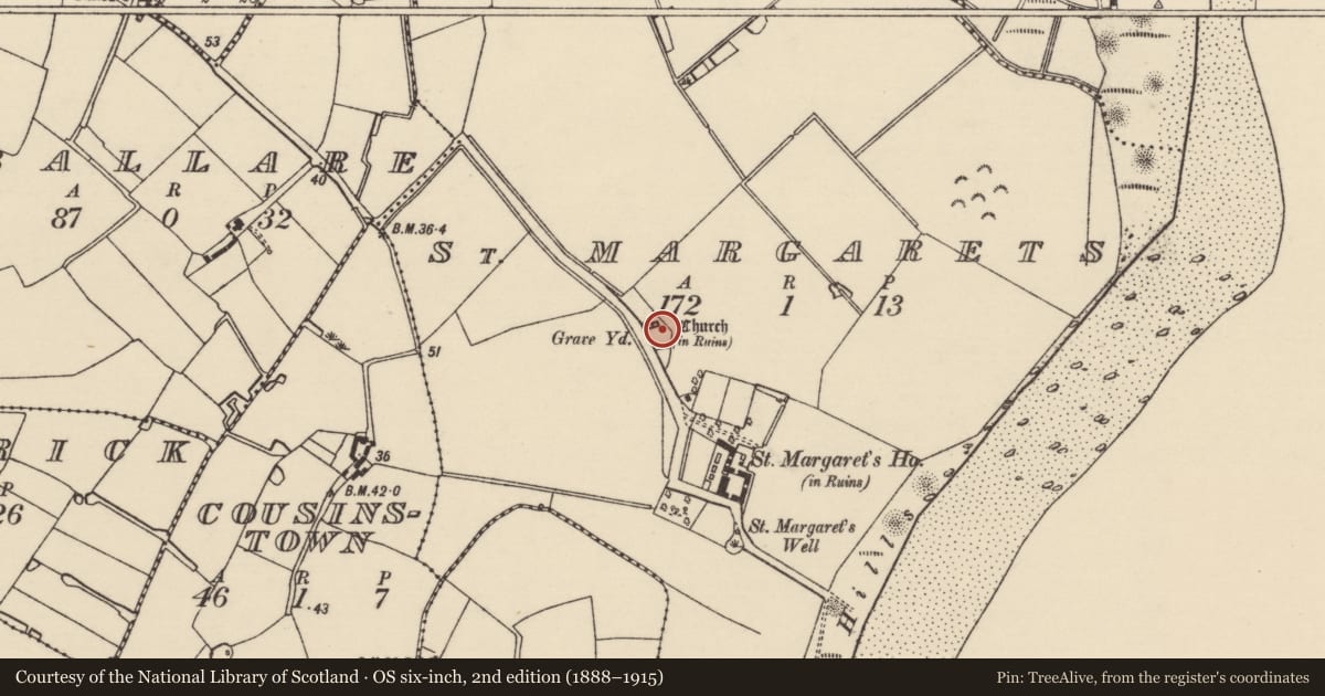 Ordnance Survey six-inch map, 2nd edition (1888–1915) covering the location of Graveyard, St. Margarets, County Wexford, with a pin at the register's coordinates
