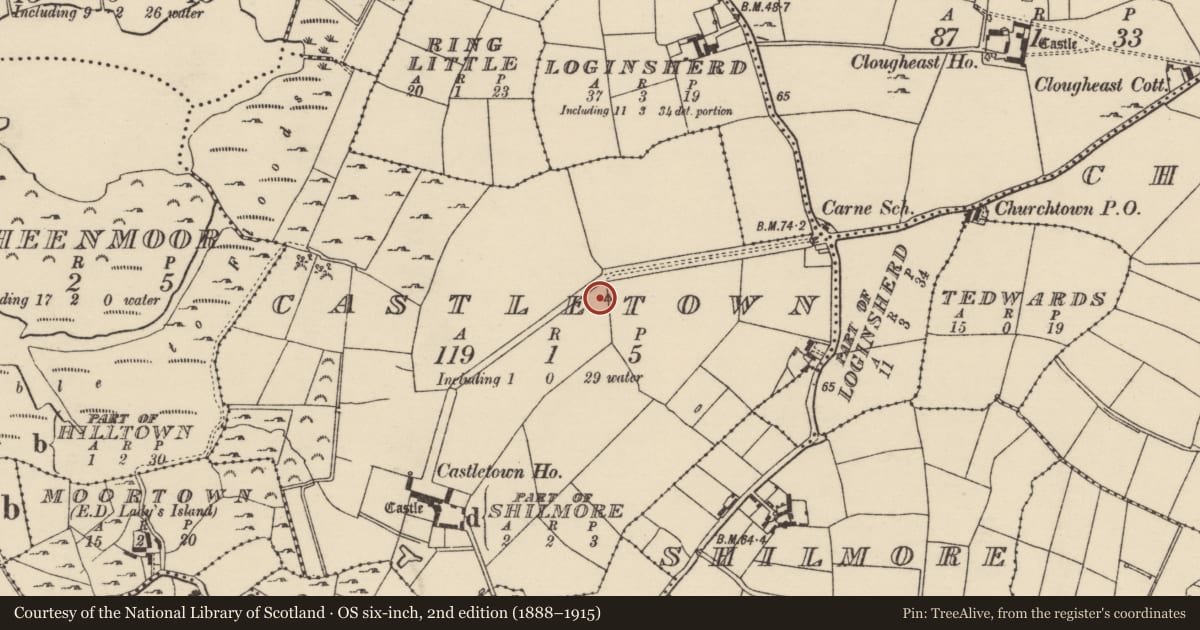 Ordnance Survey six-inch map, 2nd edition (1888–1915) covering the location of Windmill, Castletown, County Wexford, with a pin at the register's coordinates