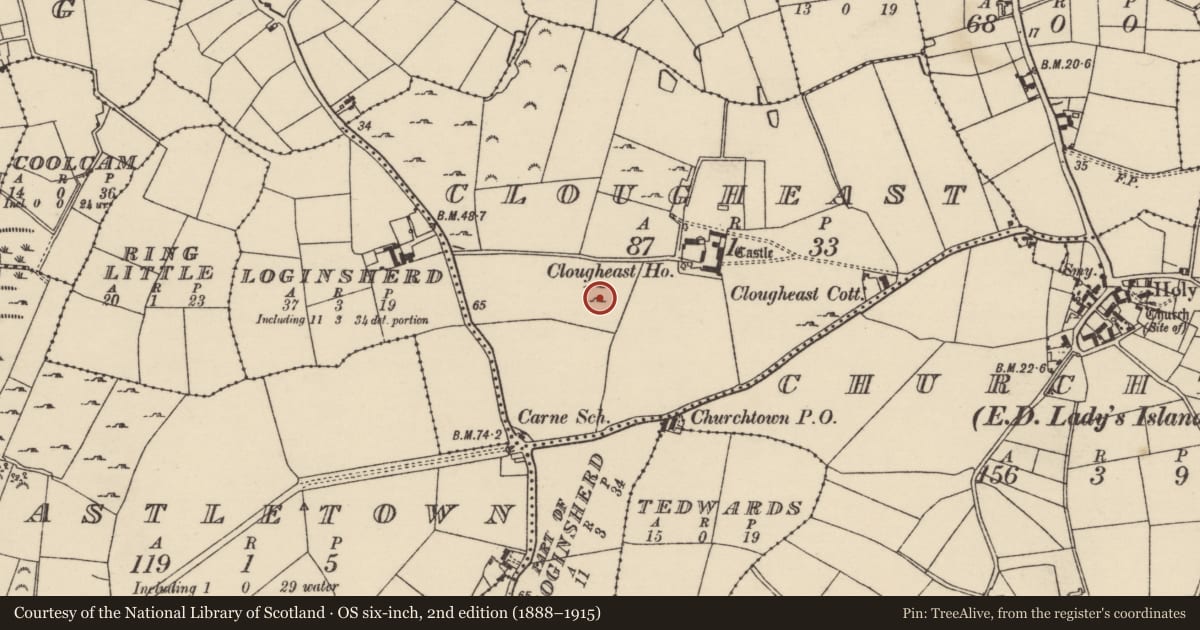 Ordnance Survey six-inch map, 2nd edition (1888–1915) covering the location of Ringfort - unclassified, Clougheast, County Wexford, with a pin at the register's coordinates