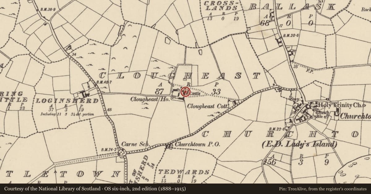 Ordnance Survey six-inch map, 2nd edition (1888–1915) covering the location of Castle - tower house, Clougheast, County Wexford, with a pin at the register's coordinates