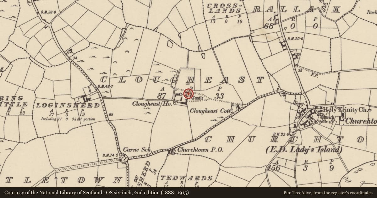 Ordnance Survey six-inch map, 2nd edition (1888–1915) covering the location of House - 16th/17th century, Clougheast, County Wexford, with a pin at the register's coordinates