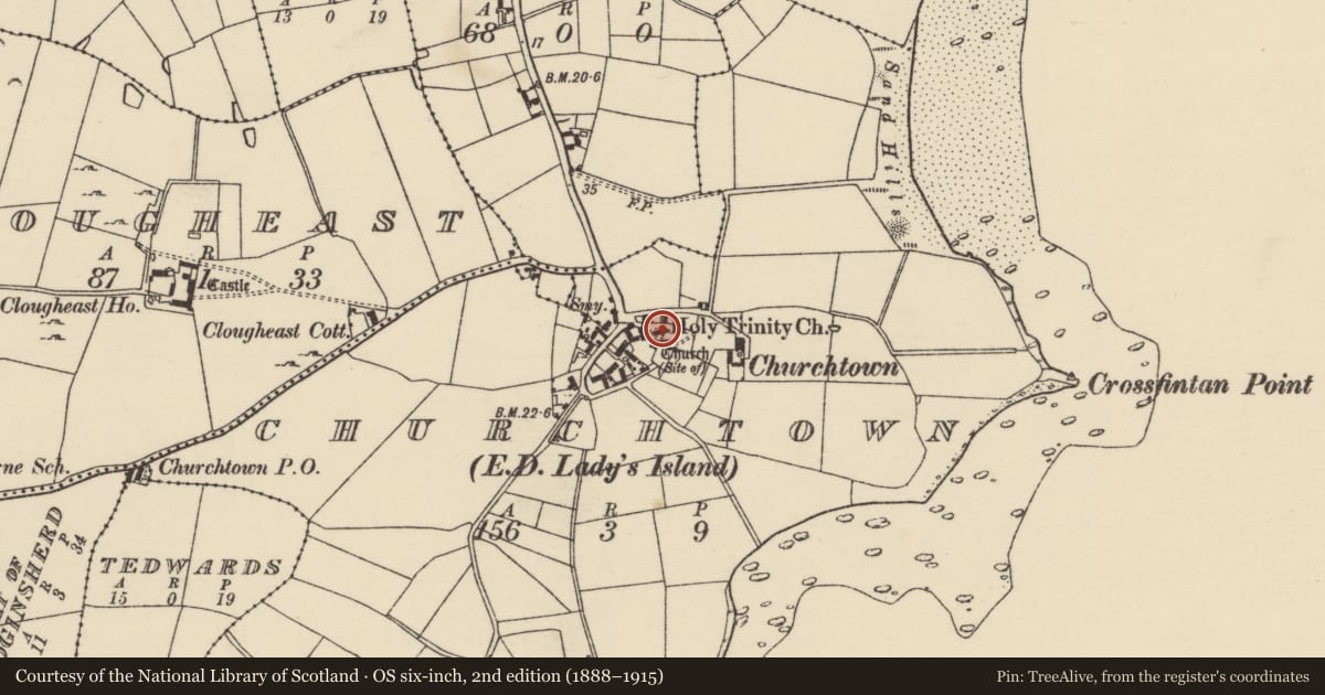 Ordnance Survey six-inch map, 2nd edition (1888–1915) covering the location of Church, Churchtown, County Wexford, with a pin at the register's coordinates