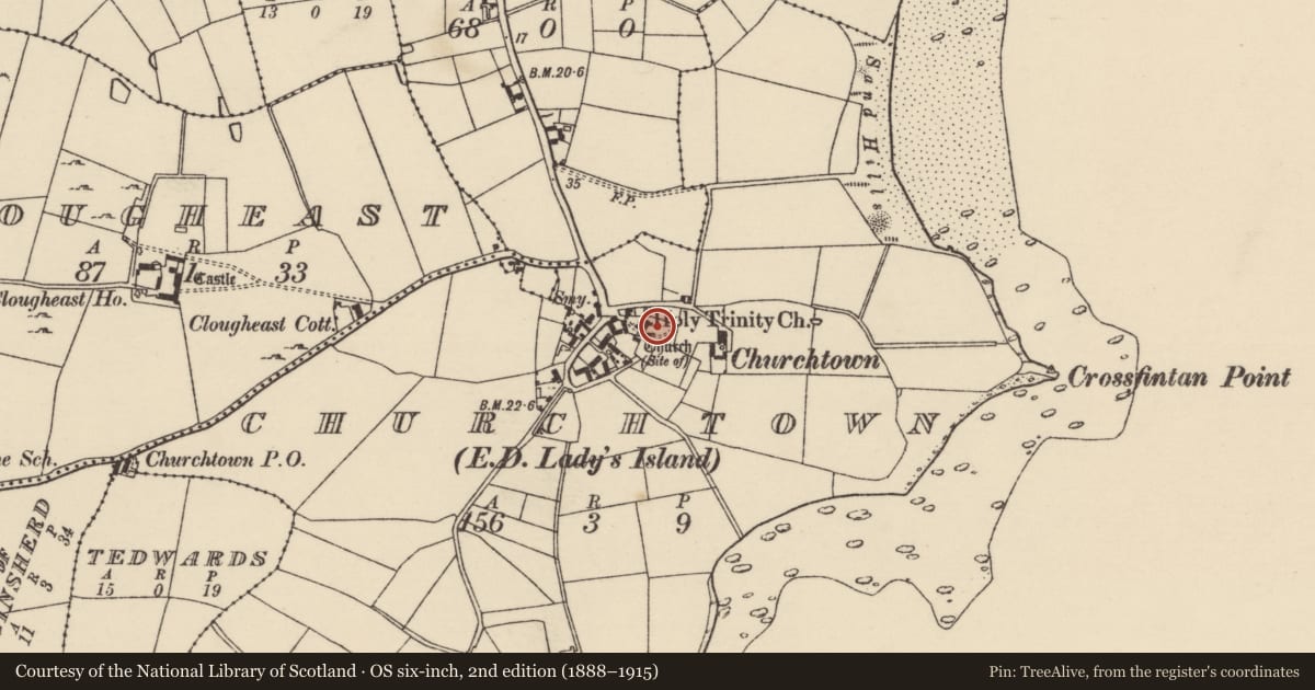 Ordnance Survey six-inch map, 2nd edition (1888–1915) covering the location of Graveyard, Churchtown, County Wexford, with a pin at the register's coordinates