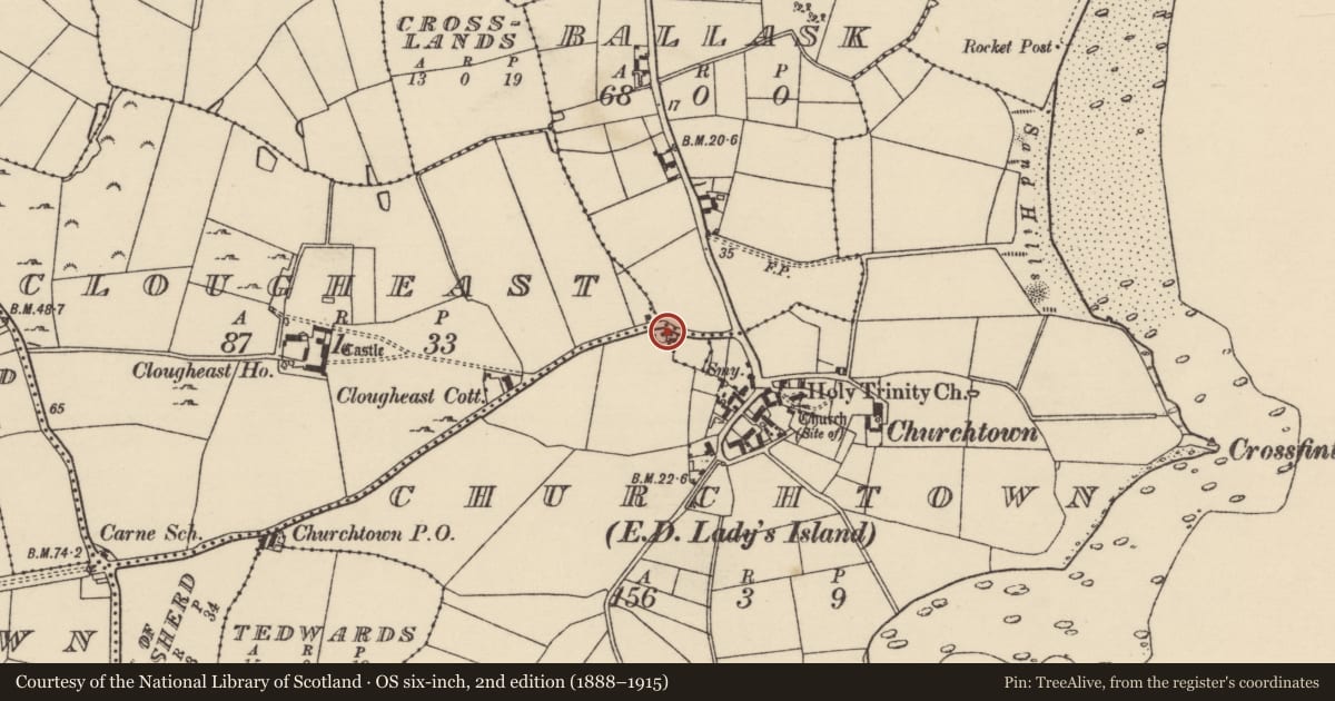 Ordnance Survey six-inch map, 2nd edition (1888–1915) covering the location of Windmill, Clougheast, County Wexford, with a pin at the register's coordinates