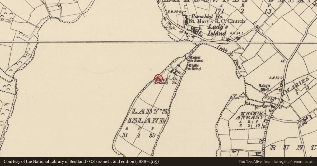 Ordnance Survey six-inch map, 2nd edition (1888–1915) covering the location of Burnt mound, Lady'S Island, County Wexford, with a pin at the register's coordinates