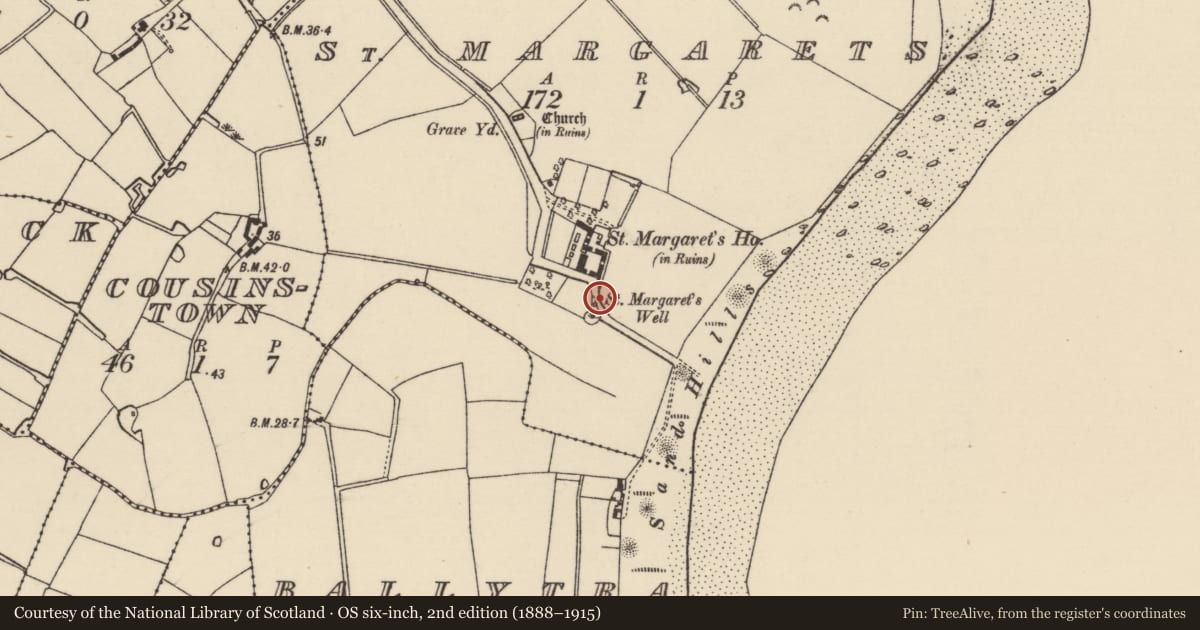 Ordnance Survey six-inch map, 2nd edition (1888–1915) covering the location of Ritual site - holy well, St. Margarets, County Wexford, with a pin at the register's coordinates