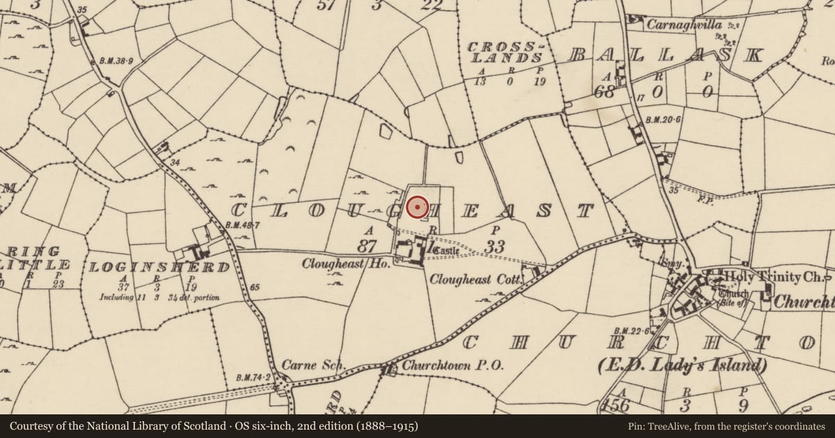 Ordnance Survey six-inch map, 2nd edition (1888–1915) covering the location of Burnt mound, Clougheast, County Wexford, with a pin at the register's coordinates