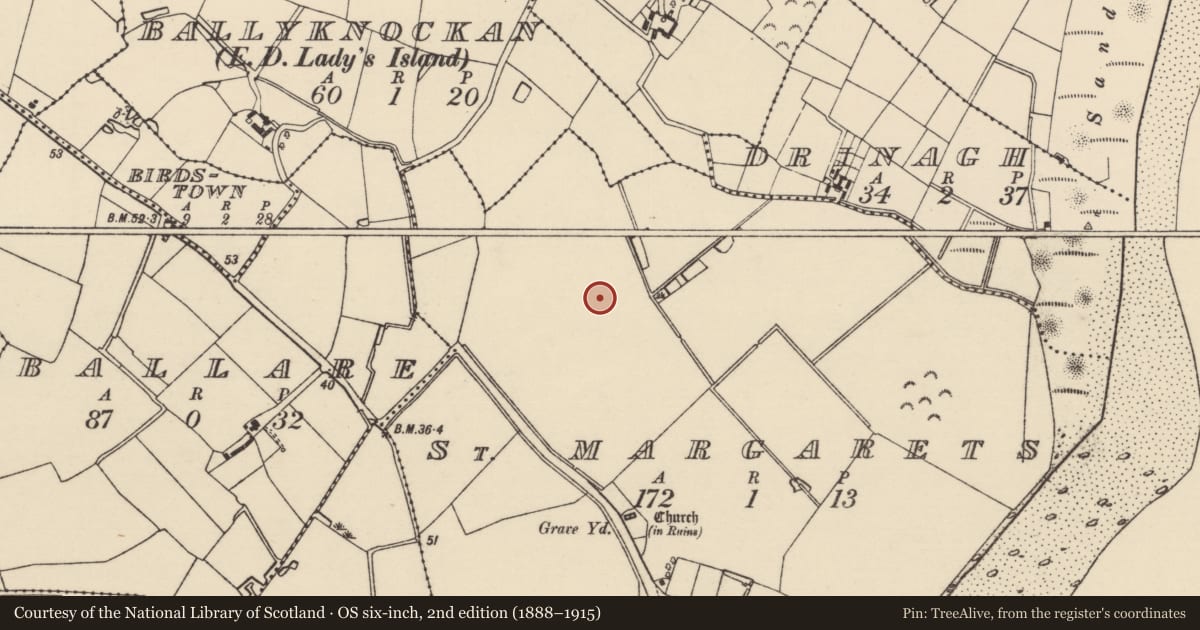 Ordnance Survey six-inch map, 2nd edition (1888–1915) covering the location of Ringfort - rath, St. Margarets, County Wexford, with a pin at the register's coordinates