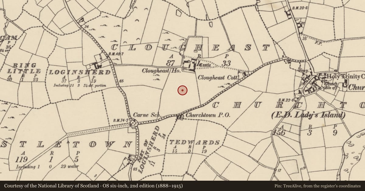 Ordnance Survey six-inch map, 2nd edition (1888–1915) covering the location of Ringfort - rath, Clougheast, County Wexford, with a pin at the register's coordinates