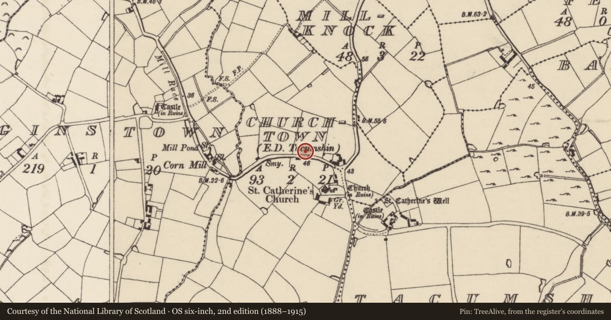 Ordnance Survey six-inch map, 2nd edition (1888–1915) covering the location of Excavation - miscellaneous, Churchtown, County Wexford, with a pin at the register's coordinates