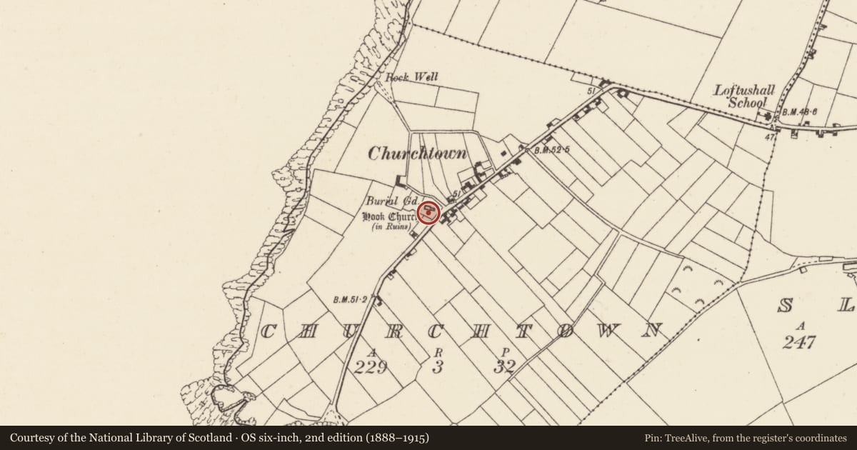Ordnance Survey six-inch map, 2nd edition (1888–1915) covering the location of Cross-inscribed stone, Churchtown, County Wexford, with a pin at the register's coordinates