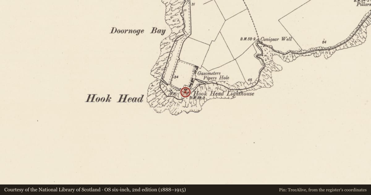 Ordnance Survey six-inch map, 2nd edition (1888–1915) covering the location of Signal tower, Churchtown, County Wexford, with a pin at the register's coordinates
