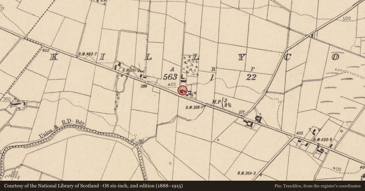 Ordnance Survey six-inch map, 2nd edition (1888–1915) covering the location of 502 Glenshane Road, Killycor, Derry City and Strabane, with a pin at the register's coordinates