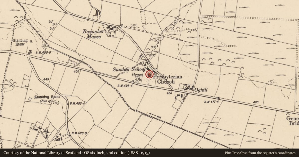 Ordnance Survey six-inch map, 2nd edition (1888–1915) covering the location of Banagher Presbyterian Church, Ballyhanedin, Derry City and Strabane, with a pin at the register's coordinates
