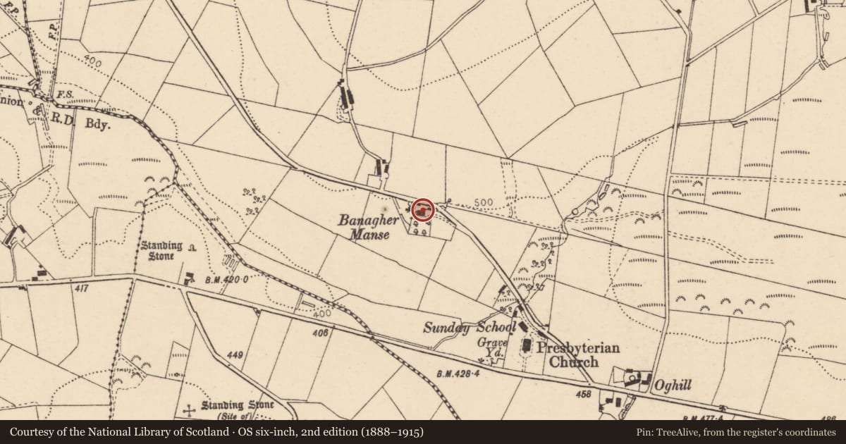 Ordnance Survey six-inch map, 2nd edition (1888–1915) covering the location of Banagher Manse, Ballyhanedin, Derry City and Strabane, with a pin at the register's coordinates