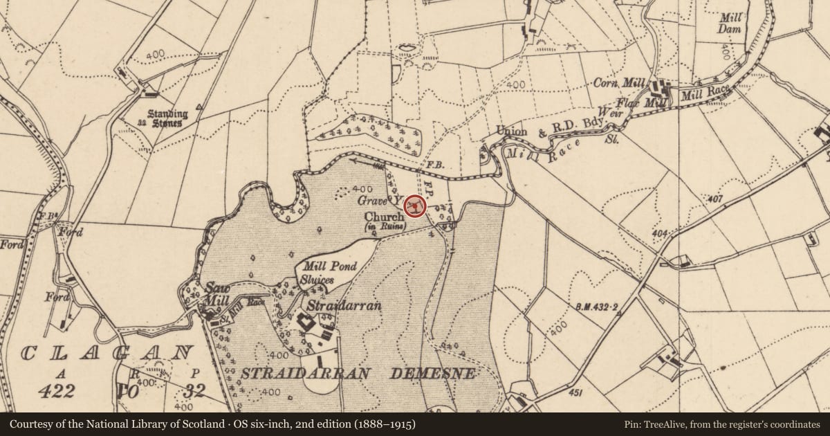 Ordnance Survey six-inch map, 2nd edition (1888–1915) covering the location of Old Straid Church, Derry City and Strabane, with a pin at the register's coordinates