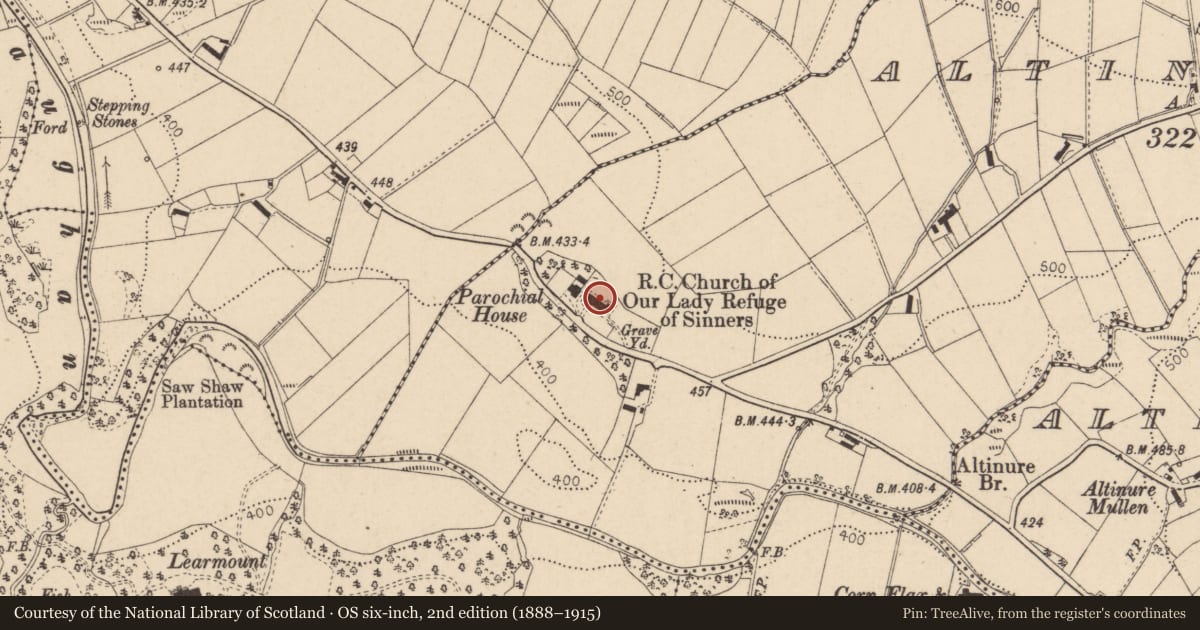 Ordnance Survey six-inch map, 2nd edition (1888–1915) covering the location of St Mary’s Church (R C), Altinure Upper, Derry City and Strabane, with a pin at the register's coordinates