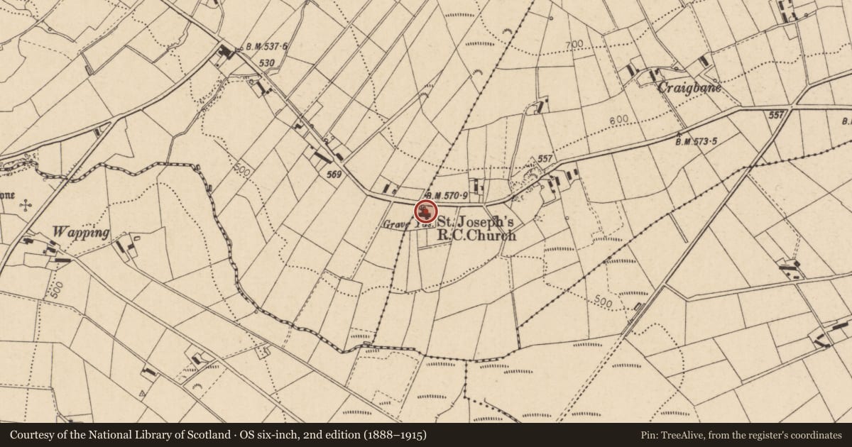 Ordnance Survey six-inch map, 2nd edition (1888–1915) covering the location of St Joseph’s Church (R C), Gortscreagan, Derry City and Strabane, with a pin at the register's coordinates
