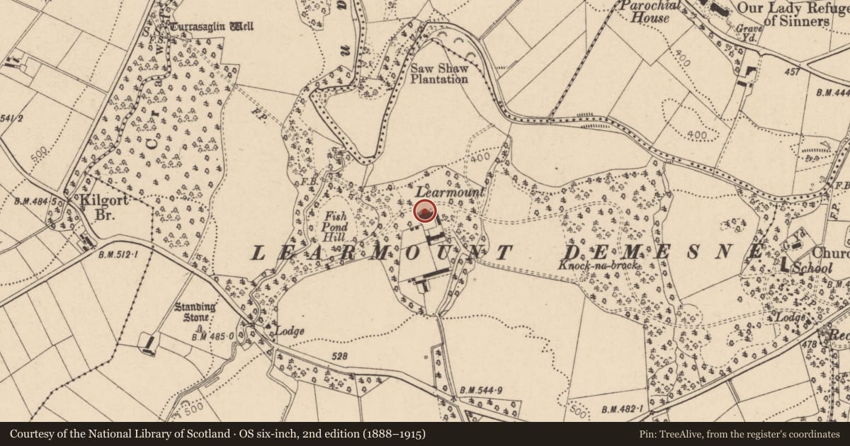 Ordnance Survey six-inch map, 2nd edition (1888–1915) covering the location of Learmount Castle, Derry City and Strabane, with a pin at the register's coordinates