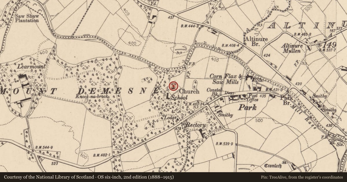 Ordnance Survey six-inch map, 2nd edition (1888–1915) covering the location of Learmount Parish Church (C of I), Tireighter, Derry City and Strabane, with a pin at the register's coordinates