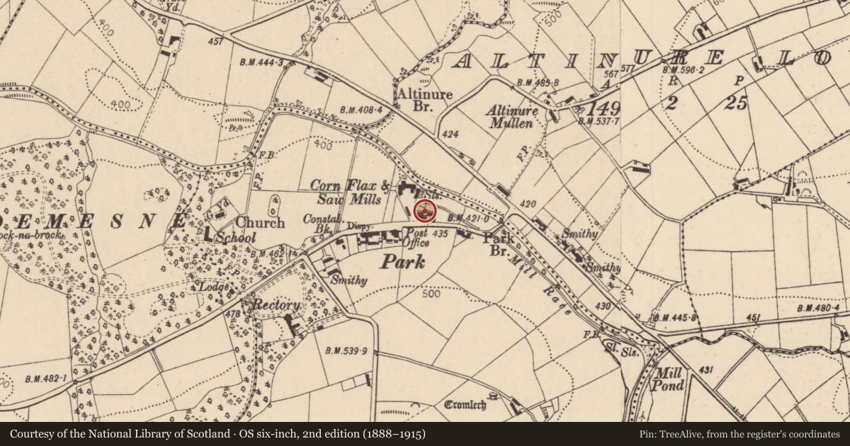 Ordnance Survey six-inch map, 2nd edition (1888–1915) covering the location of Lynch’s Public House, Tireighter, Derry City and Strabane, with a pin at the register's coordinates