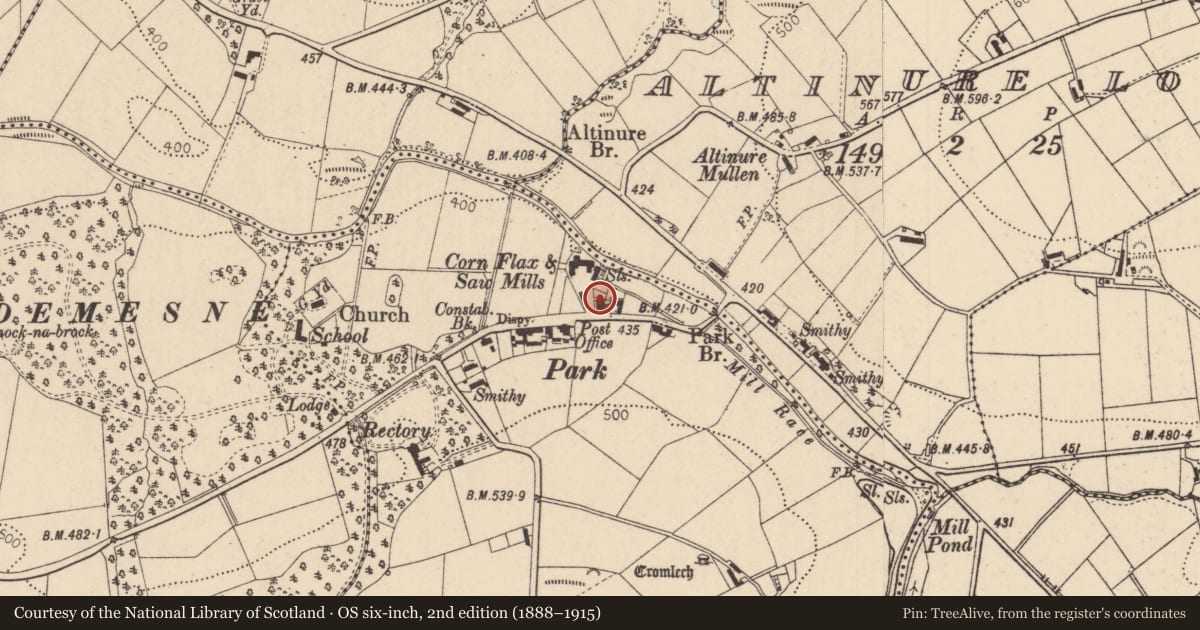 Ordnance Survey six-inch map, 2nd edition (1888–1915) covering the location of 210 Learmount Road, Tireighter, Derry City and Strabane, with a pin at the register's coordinates