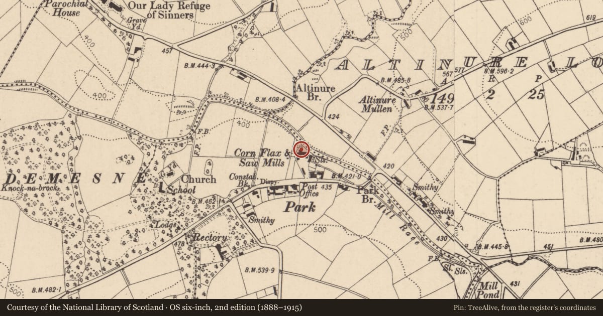 Ordnance Survey six-inch map, 2nd edition (1888–1915) covering the location of Park Flax mill, Tireighter, Derry City and Strabane, with a pin at the register's coordinates