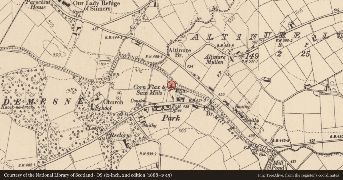 Ordnance Survey six-inch map, 2nd edition (1888–1915) covering the location of Park Corn Mill and Kiln, Tireighter, Derry City and Strabane, with a pin at the register's coordinates
