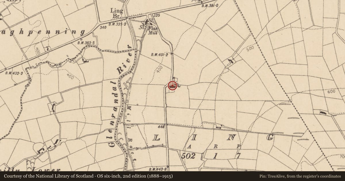 Ordnance Survey six-inch map, 2nd edition (1888–1915) covering the location of Ling House, Derry City and Strabane, with a pin at the register's coordinates