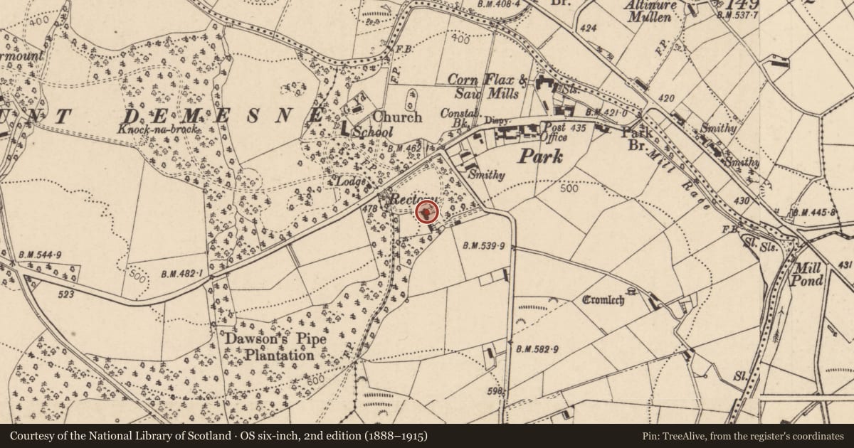 Ordnance Survey six-inch map, 2nd edition (1888–1915) covering the location of Laurel Hill, Tireighter, Derry City and Strabane, with a pin at the register's coordinates