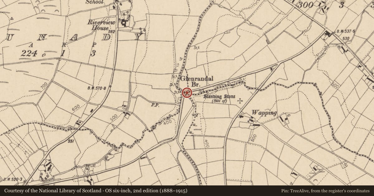 Ordnance Survey six-inch map, 2nd edition (1888–1915) covering the location of Glenrandal Bridge, Altaghoney, Derry City and Strabane, with a pin at the register's coordinates