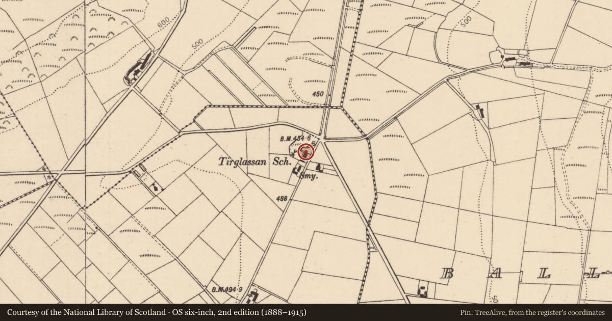 Ordnance Survey six-inch map, 2nd edition (1888–1915) covering the location of Tirglassan School, Ballyhanedin, Derry City and Strabane, with a pin at the register's coordinates