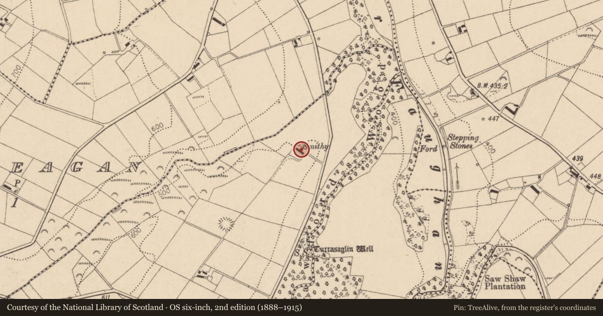 Ordnance Survey six-inch map, 2nd edition (1888–1915) covering the location of Cottage, Gortscreagan, Derry City and Strabane, with a pin at the register's coordinates