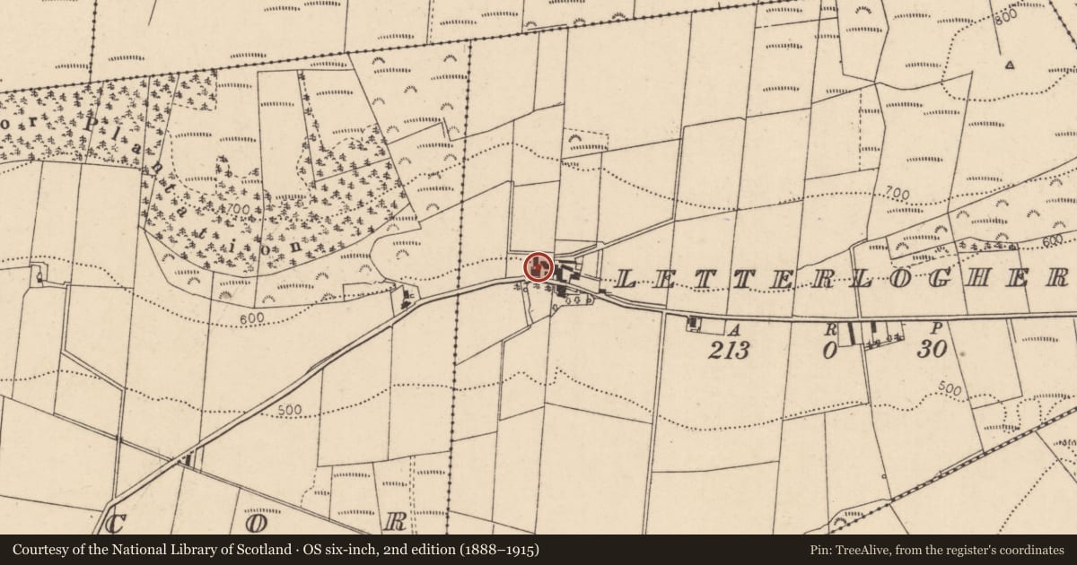 Ordnance Survey six-inch map, 2nd edition (1888–1915) covering the location of 32 Letterlogher Road, Derry City and Strabane, with a pin at the register's coordinates