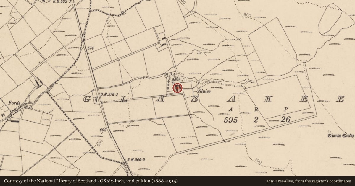 Ordnance Survey six-inch map, 2nd edition (1888–1915) covering the location of Glaskeeran TD, Derry City and Strabane, with a pin at the register's coordinates